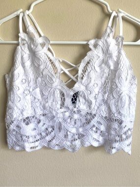 Poof! White Floral Lace Longline Bralette Strappy Criss Cross Back Size Small